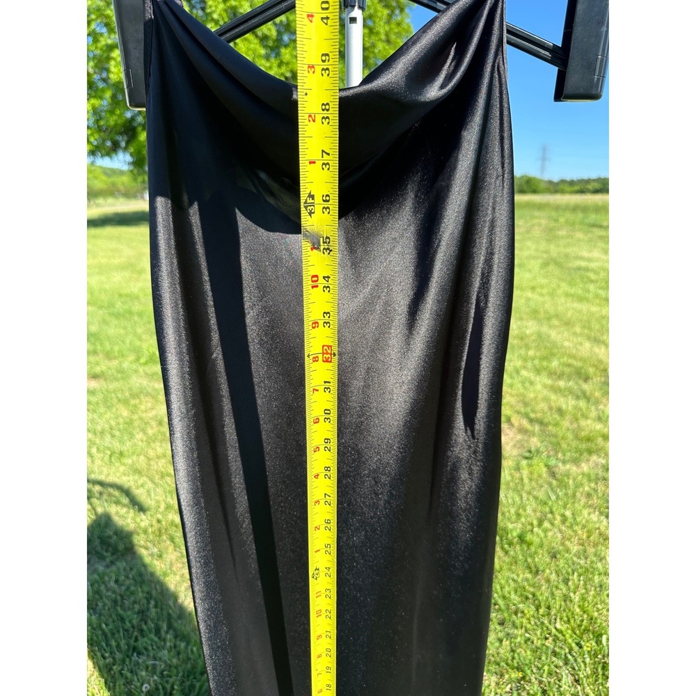 BeBe Black Satin Cowl Neck Midi Slip Dress Spaghetti Strap Minimalist LBD Size M - Picture 4 of 10